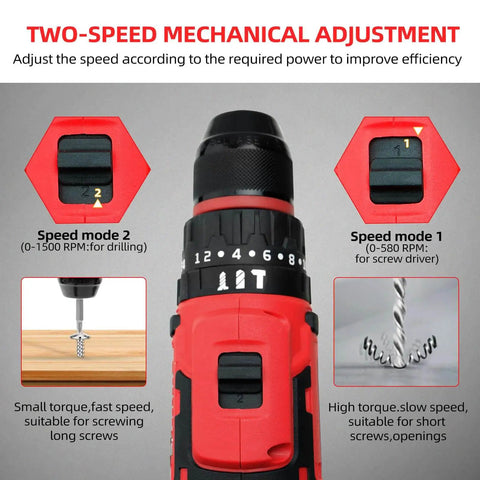 21V Max Cordless Drill Driver Kit With 2 Batteries And Charger showing speed settings and drill bit uses