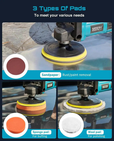 Powerful 1600W Rotary Buffer Polisher With Copper Motor, 7 Inch And 6 Inch Heads, shown with three types of pads for different uses.