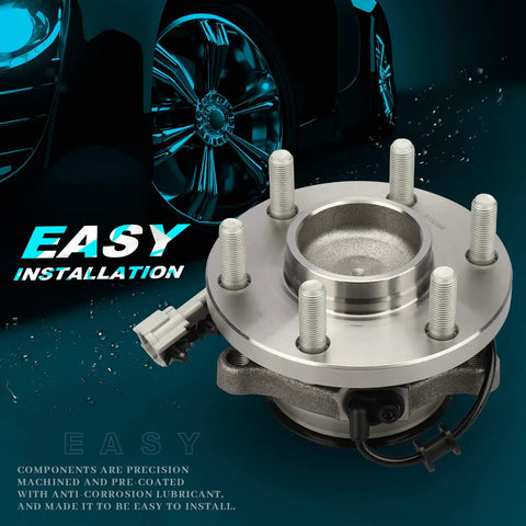 Front Wheel Bearing And Hub Assembly 6 Lug 2WD RWD With ABS Replacement Fits Nissan Frontier 2005 2016, Nissan Xterra 2005 2015, Suzuki Equator 2009 2012, Budget Friendly Wheel Hub Bearing Unit featured with easy installation text.