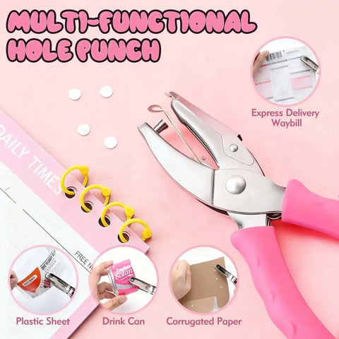 Two Size Single Hole Punch Set With One Quarter Inch And One Eighth Inch, Handy Pink Soft Grip Handheld Paper Punch for various materials.