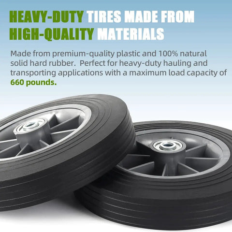 Two Pack 10 Inch Flat Free Solid Rubber Tire And Wheel Assembly Fits Half Inch Three Quarter Inch And Five Eighth Inch Axles