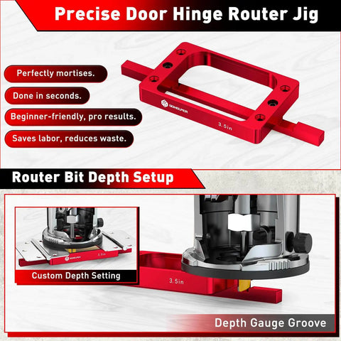 Pro Grade 6061 Aluminum Door Hinge Template Kit For Router And Jamb showing depth gauge and hinge mortise features