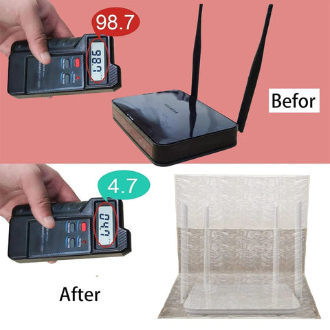 Faraday box for WiFi router EMF protection; black router with two antennas beside a shielding bag, 13.8x15.7 in.