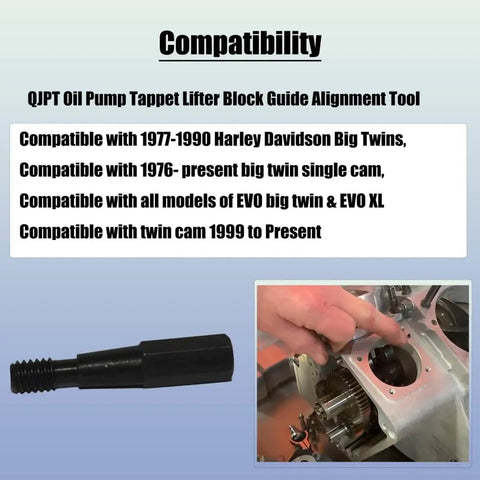 Tool set for Big Twins 1977-1990 and Twin Cam engines 1999-present shown with compatibility chart and installation example.