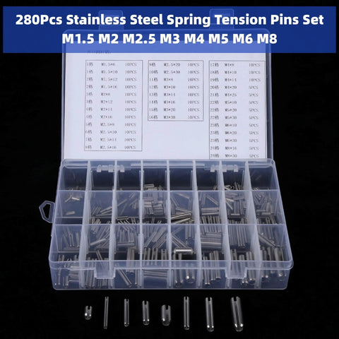 Heavy Duty 280Pcs Stainless Steel Roll Pin Set With Slotted Pins Assortment Kit M1.5 To M8 in plastic box, product front view
