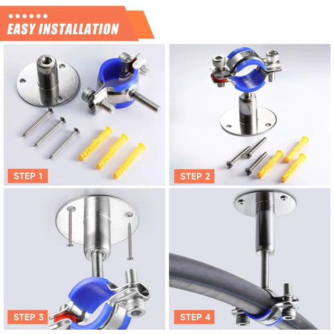 Heavy Duty 6 Pack 304 Stainless Steel Wall And Ceiling Pipe Mounts For 38 To 40mm OD Pipes, Adjustable Height From 30 To 50mm, Pipe Strap Clamps With Screws, Rust Resistant And Durable By WYSIWYKA installation steps
