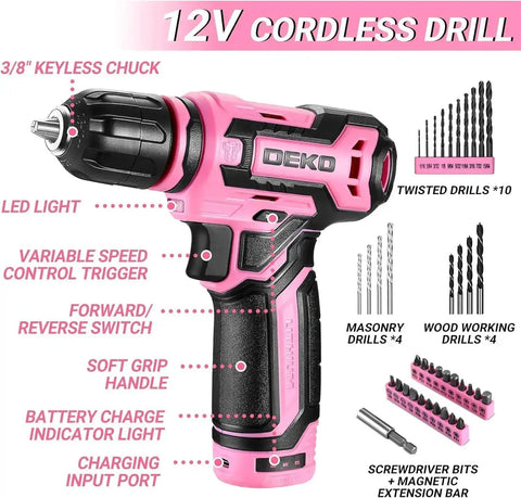 Pink Cordless Drill Set for Women 12V Electric Drill Driver Kit with 1.5Ah Li Ion Battery Portable Tool Box DIY Home Improvement Must Have Case Included Handy Power Tools for Household Repairs with accessories.