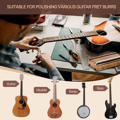 Person using 4 In 1 Guitar Fret File Tool With 3 Degree 23 Degree 35 Degree And 90 Degree Angles For Fret Dressing, Bass And Guitar Fret Tools