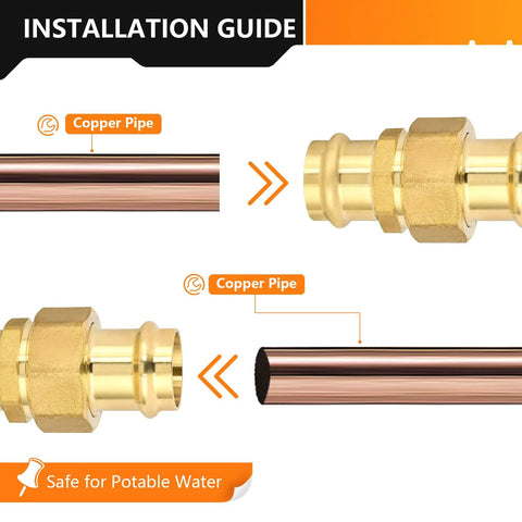 1-pack HeSun copper union press coupling, 1 in x 1 in brass fitting for copper pipe connection; installation guide illustration.