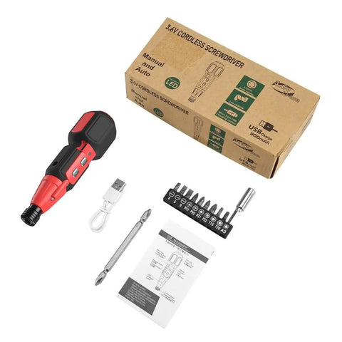 Cordless Power Screwdriver Kit with USB cable, LED lights, and instructional manual, showcasing accessories for DIY projects.