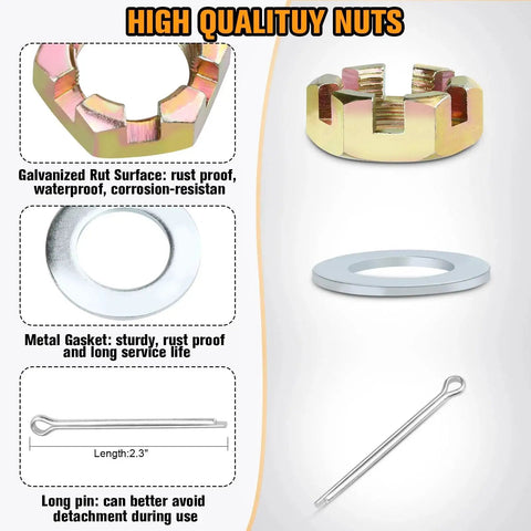 High quality nuts, metal gasket, and long pin from Two Pack Beefed Up Heavy Duty Trailer Hub Bearing Kit For 3500 Lb EZ Lube Spindle One Three Eighths To One Sixteenth Inch Boat Trailer 84 Spindle Includes Inner And Outer Bearings, Races, Dust Cap, Grease Seal, Rubber Plug, Spindle Nut, Cotter Pin, Washer.