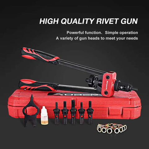 14 Inch Rivet Nut Tool Set With Quick Change Head Six Interchangeable Mandrels Includes 90 Rivnuts And 2 Mandrel Lock Pins Hand Rivet Nut Setter Kit shown with components and red case.