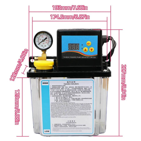 2L CNC Lubrication Pump Kit with Electromagnetic Automatic Oil Pump System, visible gauge, control panel, and measurements, front view