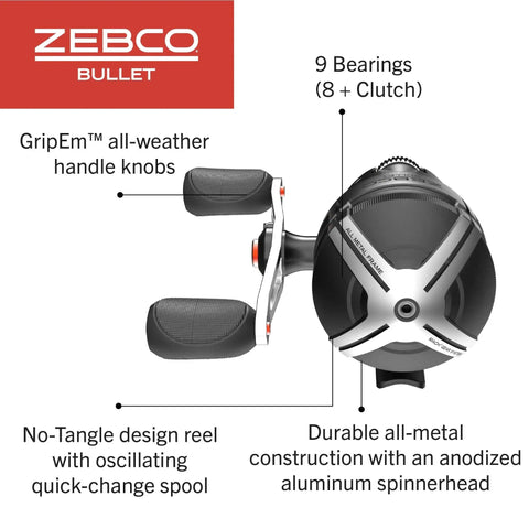 Top view of Bullet Spincast Fishing Reel with 28.9 Inches Per Turn Fast Retrieve 5.8 To 1 Gear Ratio All Metal Construction.