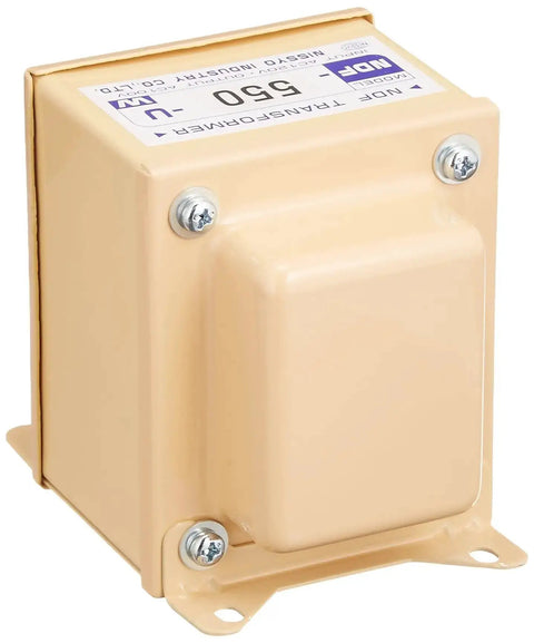 550W 120V To 100V Step Down Transformer For International Use Portable Travel Ready Compact 71 By 97 By 85 Millimeters With Internal Thermal Fuse Great For Running 100V Appliances Outside Japan And While Traveling, shown from the front.