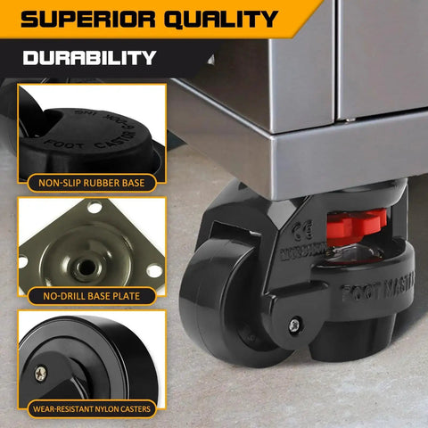 Beefy Heavy Duty Leveling Casters Set Of 4 With 110 Lb Per Wheel Capacity, 440 Lb Total Load, showing base and wear-resistant nylon casters