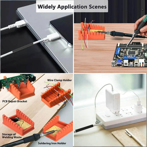 Silicone Soldering Wire Holder With 30 Piece Heat Shrink Tubing Kit, Helping Hands Soldering Stand, 8 Slot Iron Stand For 32 AWG To 12 AWG Wire Welding Fixture, Includes 2 Solder Sponges And Anti Slip Base in use in various scenes.