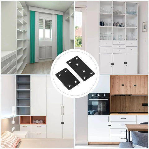 Eight Piece Black Metal Flat Mending Plates Set With 40 Screws And Screwdriver For Wood Shelves in room settings montage