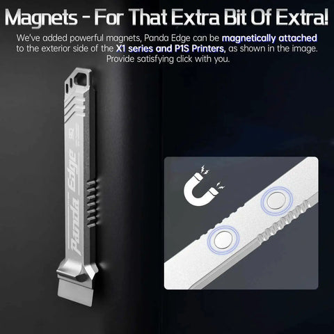 Panda Edge All Metal 3D Printer Scraper Kit magnetically attached to printer exterior with handle showing, compatible with Bambu Lab blades.