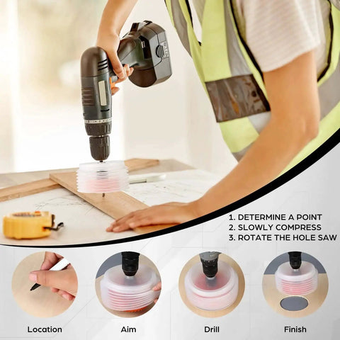 Person using a drill with the Hole Saw Set For Recessed And Can Lights With 4 Inch And 6 Inch Cutters on a wooden board.