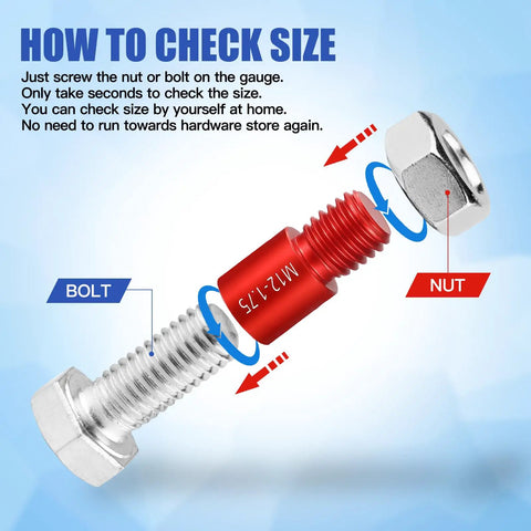 Nut And Bolt Thread Gauge Kit 44 Piece Case With Detachable Gauges 23 Inch And 21 Metric Sizes Fast Thread Identification For Tricky Narrow Areas In Confined Spaces showing a bolt and nut demonstrating size checking.