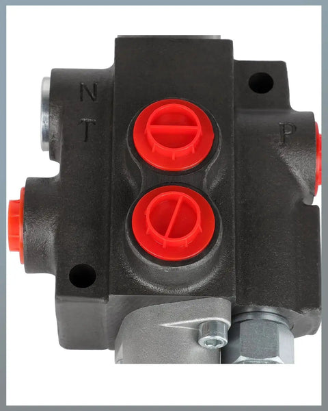 Close-up of One Spool Hydraulic Pro Grade Flow Control Valve With 11 GPM At 3600 PSI G Ports details, showing red port connections.