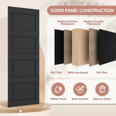 Sliding Barn Door 42x84 Inch Four Panel Black Wave Shape Barn Door With Hardware Kit Included, Pre Drilled Holes and construction details