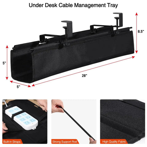 Under Desk Cable Management Tray Clamp On Wire Organizer in black fabric, 28 inch, showing clamp detail and high-quality fabric texture.