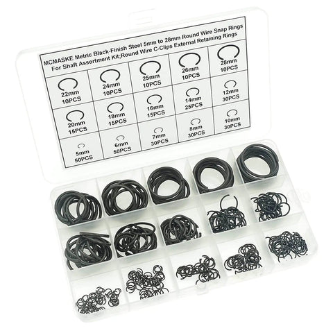 Complete 340-Piece Round Wire C-Clips External Retaining Rings Assortment Kit 5mm To 28mm For Shafts Black Finish Steel Snap Ring Set