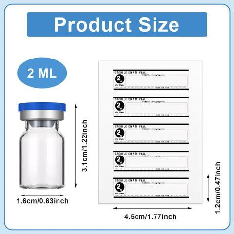 Threlaco 2 ml sealed sterile empty glass vials with blue cap, 20 pcs, plus sheet of 20 label stickers