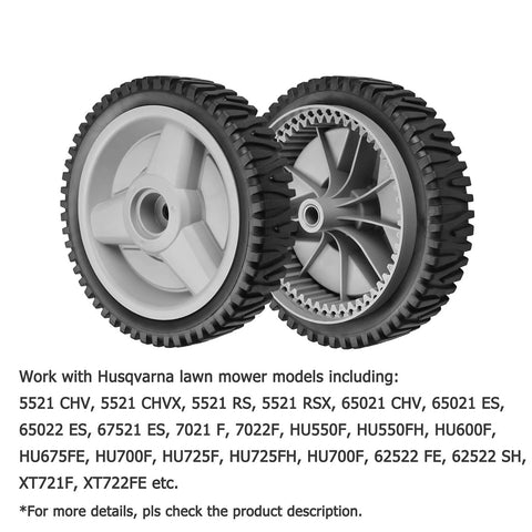 Front view of Front Drive Wheels Replacement For HU700F Self Propelled Lawn Mower 2 Pack Gray With 53 Gear Teeth