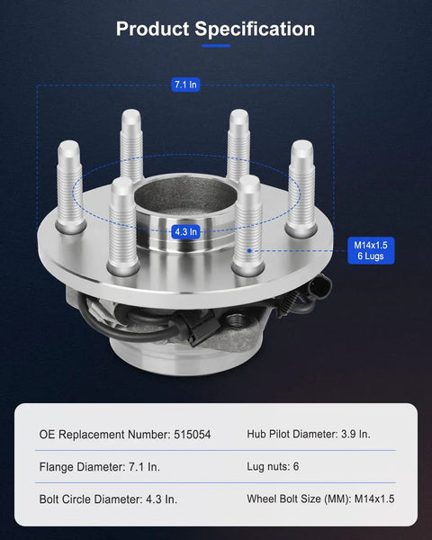 Premium Front Wheel Hub Bearing Assembly With ABS For GM Trucks And SUVs Go To Replacement Six Lug Left And Right Fits Silverado Suburban Tahoe Sierra Express Savana 1500 2500 RWD 515054 specification diagram