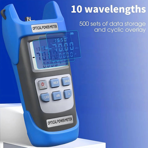 Blue 2-piece rechargeable optical power meter with LCD display and 6-button keypad, front view
