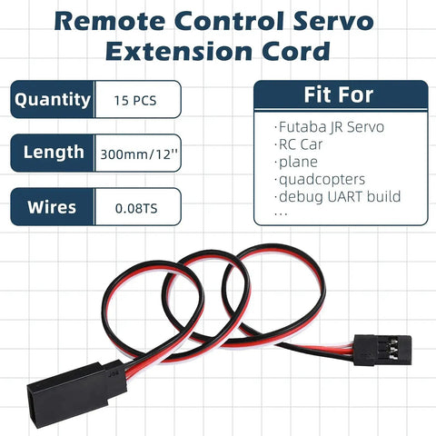Image of Fifteen Piece 3 Pin Servo Extension Cables Set 11.8 Inch Long Male To Female RC Wire Connectors for Futaba JR planes and drones