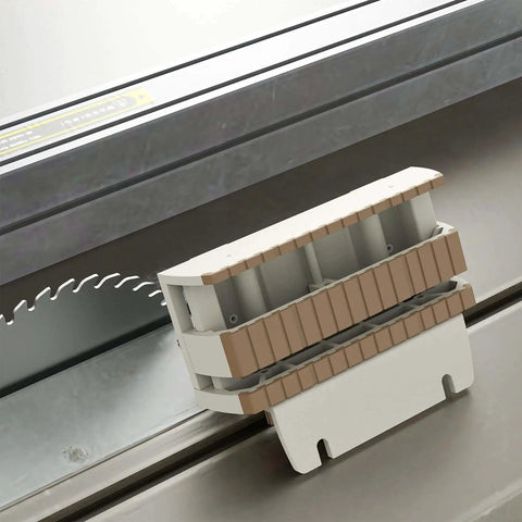 Push Block For Table Saws, Router Tables, Band Saws, And Jointers For Safer Narrow Rip Cuts with Multidirectional Grip displayed on saw table.