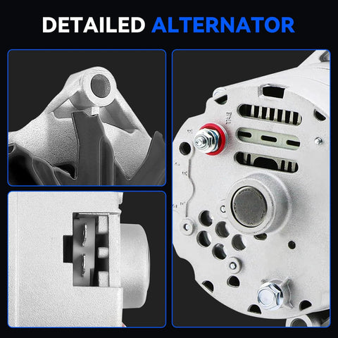 Close-up views of the One Wire 63 Amp Self Exciting Alternator For Chevy 350 Small Block V8, showcasing CNC machined aluminum housing.