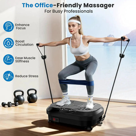 Woman exercising on Vibe Plate Vibration Exercise Machine For Lymphatic Drainage 200 Levels Full Body Workout Stand in home gym.