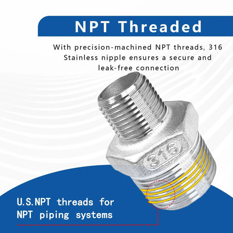 2-Pack 316 stainless steel reducing hex nipples, 3/4 in NPT male to 1/2 in NPT male for plumbing