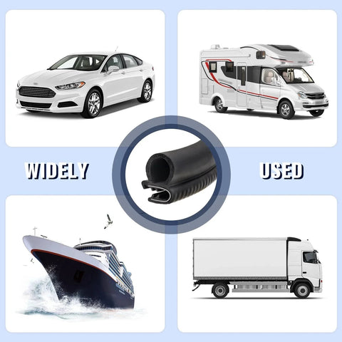 Car Door Weather Stripping 20Ft U Shaped Rubber Edge Trim With Steel Strip Sealer shown with car, RV, boat, and truck.