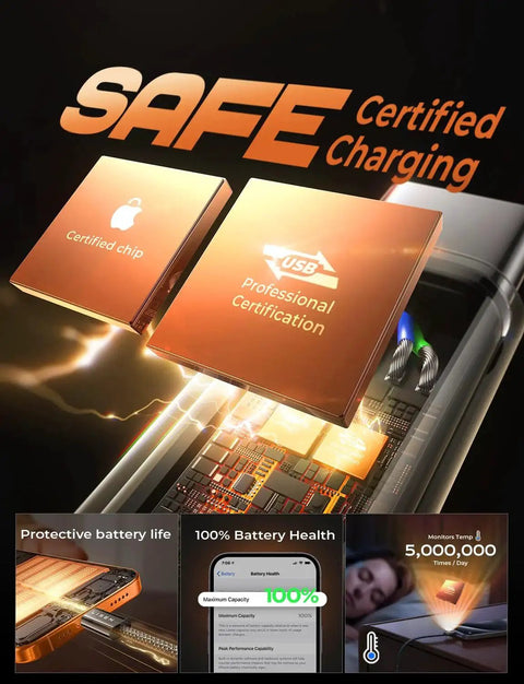 Graphic showing USB C To USB C Cables 60W Fast Charge Kit Five Pack certification and safety features with multiple device compatibility.