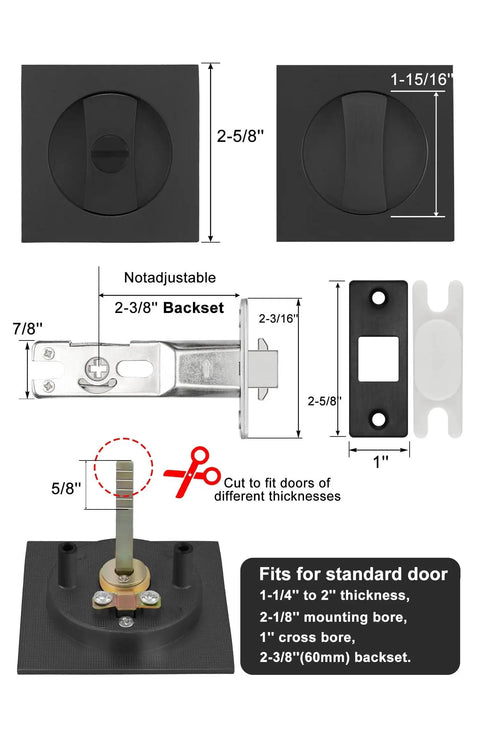 Matte Black Pocket Door Lock Set In Zinc Alloy, 2-3/8 Backset, Privacy Lock for 1-3/8 to 2-3/16 inch doors, includes cuttable tailpiece