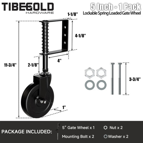 5 Inch Spring Loaded Gate Caster With Side Brake For Outdoor Wooden Gates And Fences, Heavy Duty Wheel With 360 Degree Swivel, Anti Sag Gate Kit, 220 Lb Capacity, Black, 1 Pack overview with measurements and contents.
