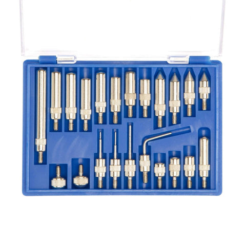 Dial Indicator With Magnetic Base Holder 0 To 1 Inch Travel And 0.001 Inch Accuracy Long Arm Fine Adjustable Gauge Pro Grade Differential Backlash Tester Heavy Duty Shock Resistant Indicator Point Set For Most American And Imported Indicators in blue case, showing 22-piece tip set.