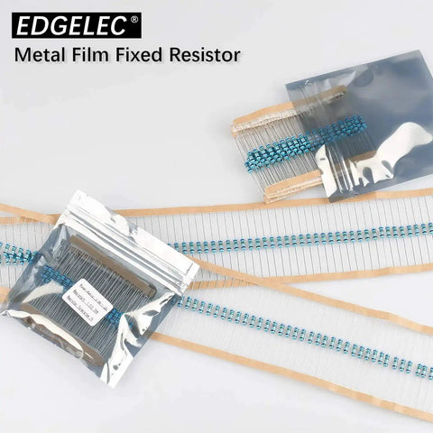 EDGELEC metal film fixed resistor; blue axial resistors visible in sealed foil bags