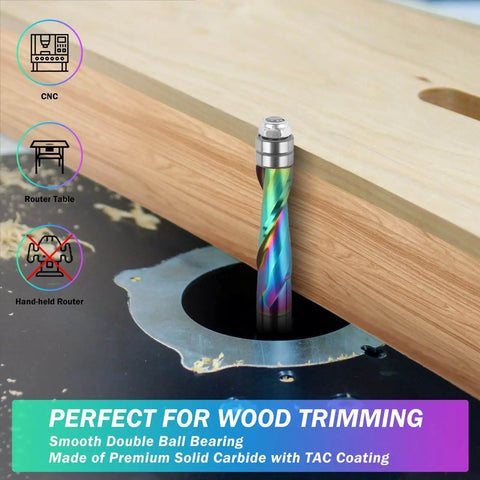 Upcut Spiral Flush Trim Router Bit 1/2 Inch Shank 1-1/2 Inch Cutting Length Solid Carbide TAC Coated installed in wood