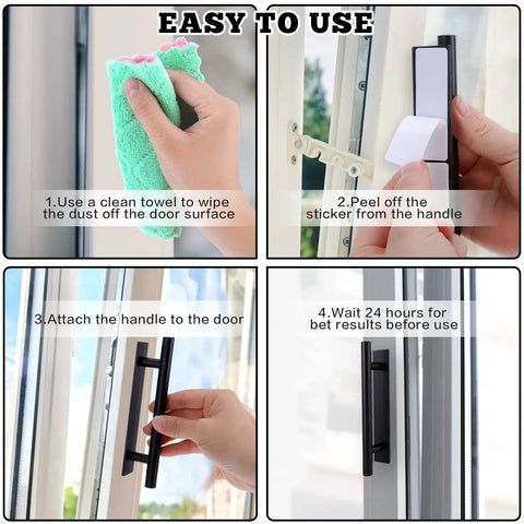 Installation steps for 8 Pack Adhesive Cabinet Handles Self Stick Push Pull Helpers Black ABS Material No Drill Instant Installation.