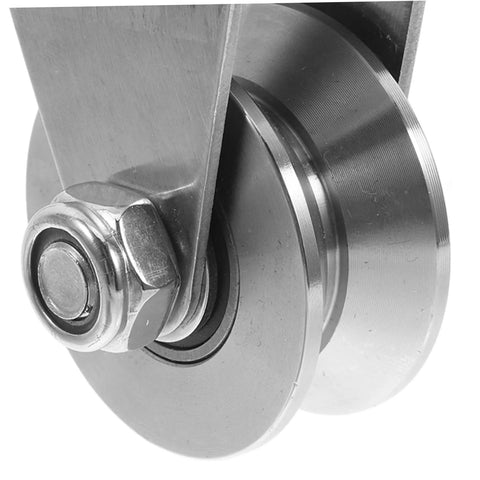 Close-up view of 2 Pack Stainless Steel Pulley Track Wheel Set For Sliding Gate Guide Roller, heavy duty pulley detail.