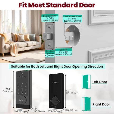 Dimensions and compatibility of Next Level Smart Lock With Camera And Doorbell, 6 in 1 Keyless Entry, black, with standard door fittings.