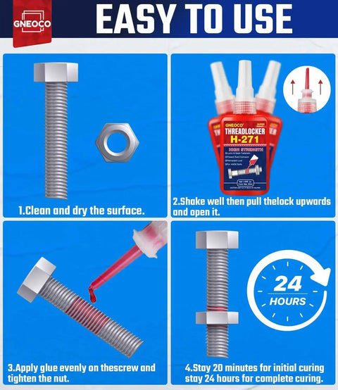 Image showing instructions for using Heavy Duty Red Thread Locker For Nuts Bolts And Metal Fasteners, High Strength Lock Tight Adhesive That Prevents Loosening And Rust, Anaerobic Cure For Quick Bond, Easy 20 Minute Initial Cure, Long Lasting Protection, 50ml H271.