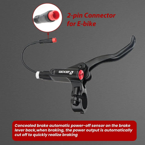 ZOOM e-bike hydraulic disc brake lever set HB-876E, side view, black with red 2-pin sensor connector